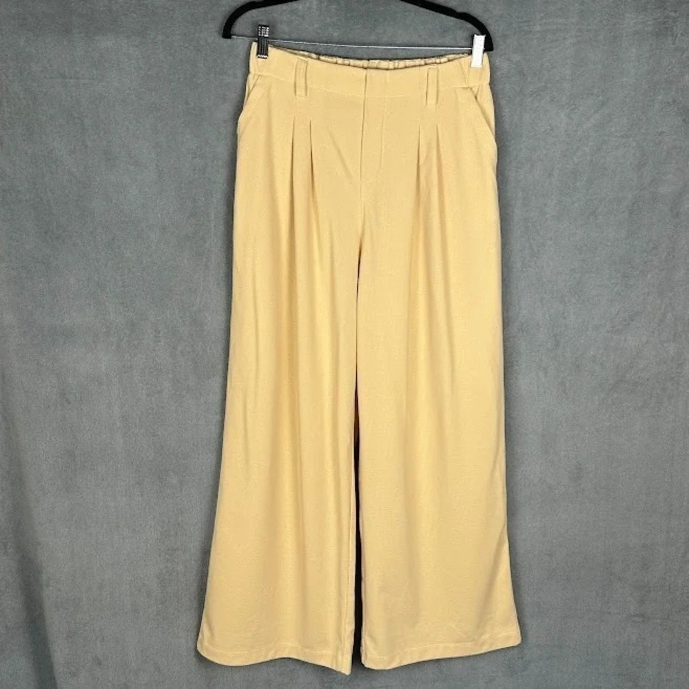 Halara Pants Womens Medium Yellow Waffle Knit Wide Leg High Rise Stretch Career